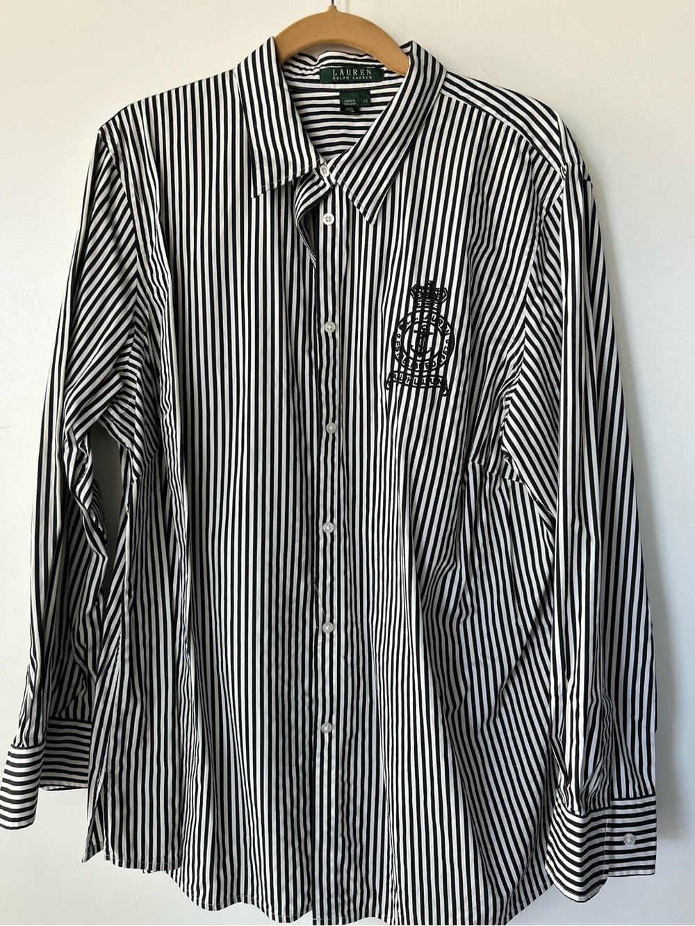 Ralph Lauren Women Button Up Shirt 2X B&W Stripe Crest VTG Academia Preppy